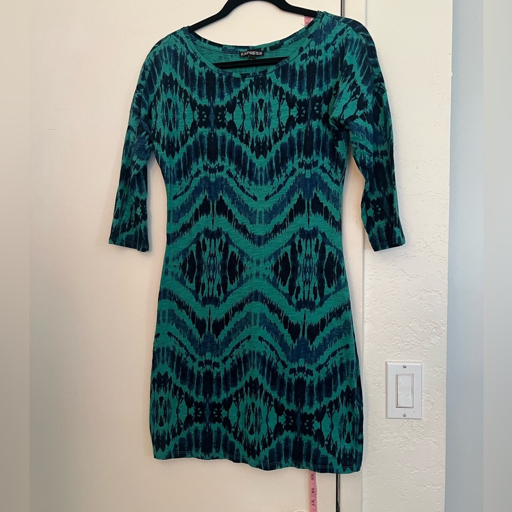 Express Blue Sheath Dress 3/4 Sleeve Crew Neck Mini